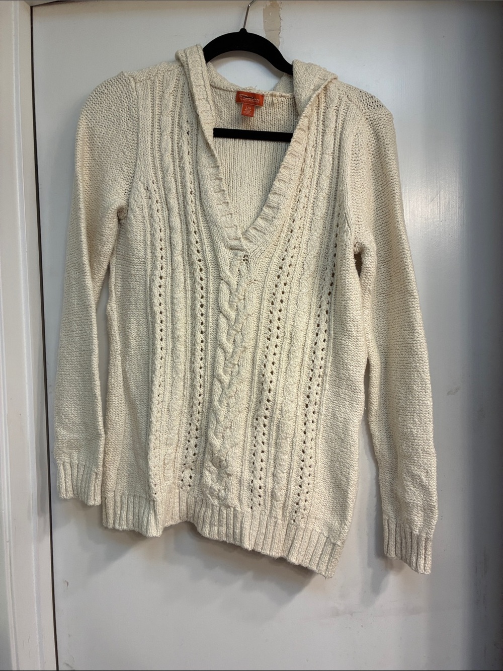 Tommy Bahama Cream Cable-Knit V-Neck Hoodie Sweater